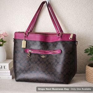 Coach Tote Bag Signature Shoulder Bag Brown x Wine Red Pink Women's .F54690